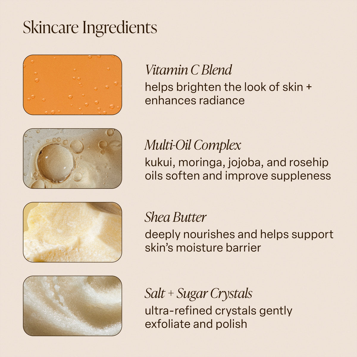 Key ingredients in Saltair Vitamin C body scrub: vitamin C, botanical oils, shea butter