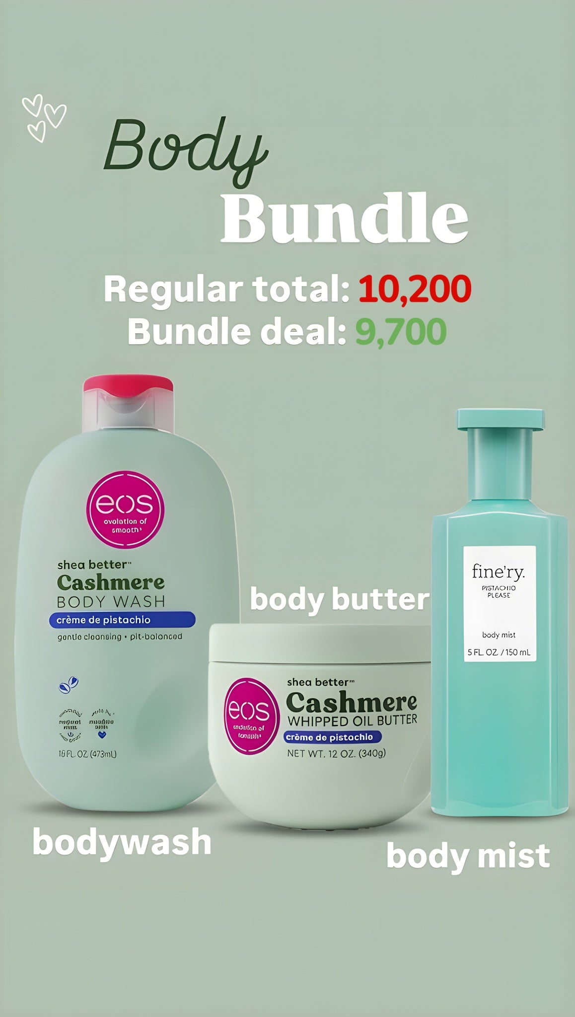 EOS & Finery Pistachio Body Bundle – body wash, whipped oil body butter and Finery Pistachio Please body mist